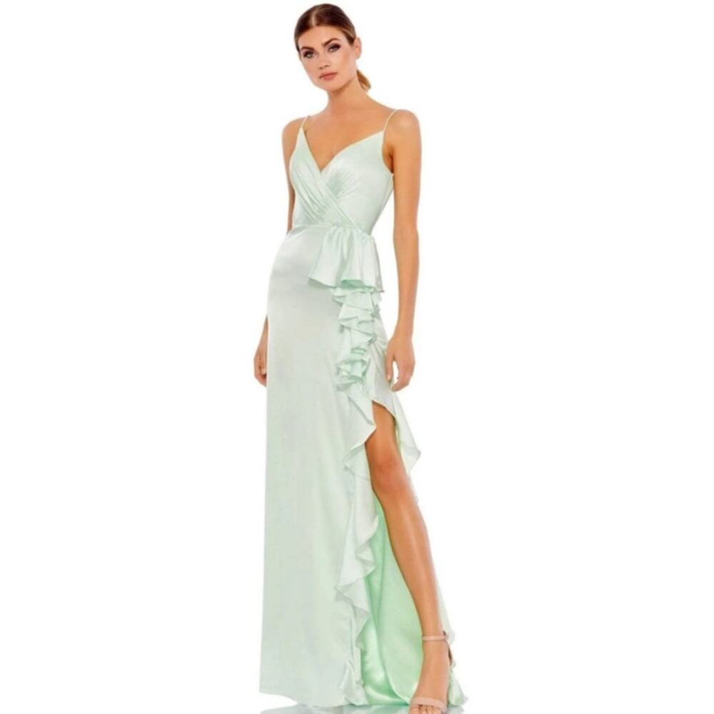 Mac Duggal Size 8 Light Green Satin Ruffled Prom Maxi Gown Dress 67815 NEW